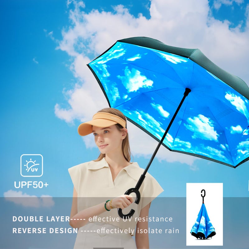 SIEPASA Spar. Saa Double Layer Inverted Umbrella with C-Shaped Handle, Anti-UV Waterproof Windproof Straight Umbrella for Car Rain Outdoor Use - Image 2